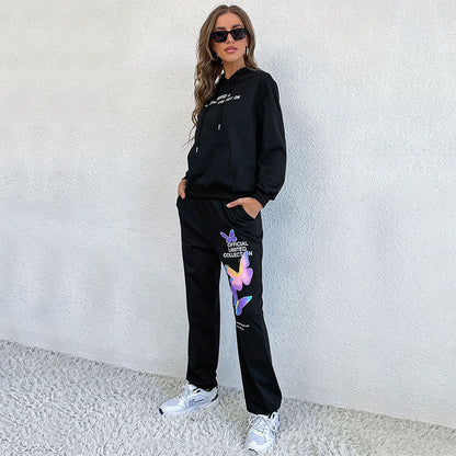 Butterfly Print Two-Piece Tracksuit with Hooded Sweatshirt