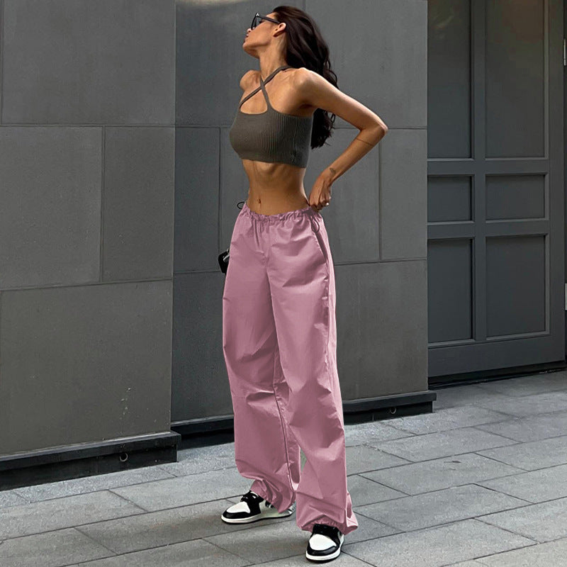 Loose Parachute Trousers with Drawstring Waist and Cuffs