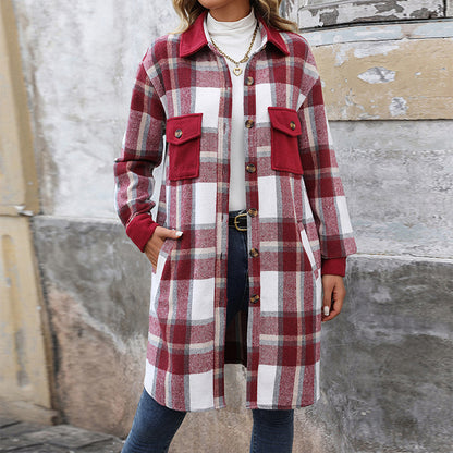 Long Plaid Shirt Jacket with Contrast Pockets