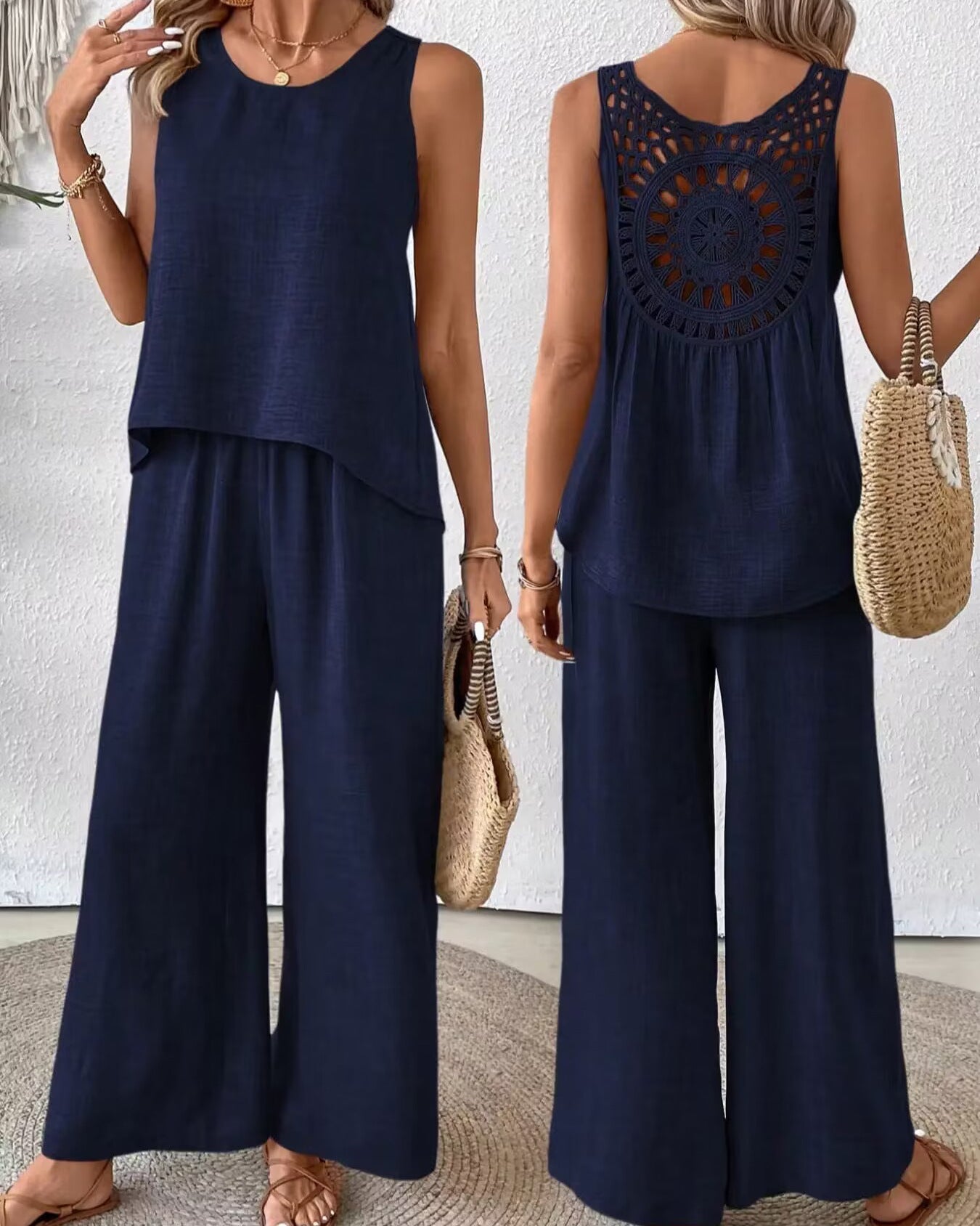 Sleeveless Pants Set with Hollow-Out Lace Back