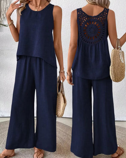 Sleeveless Pants Set with Hollow-Out Lace Back