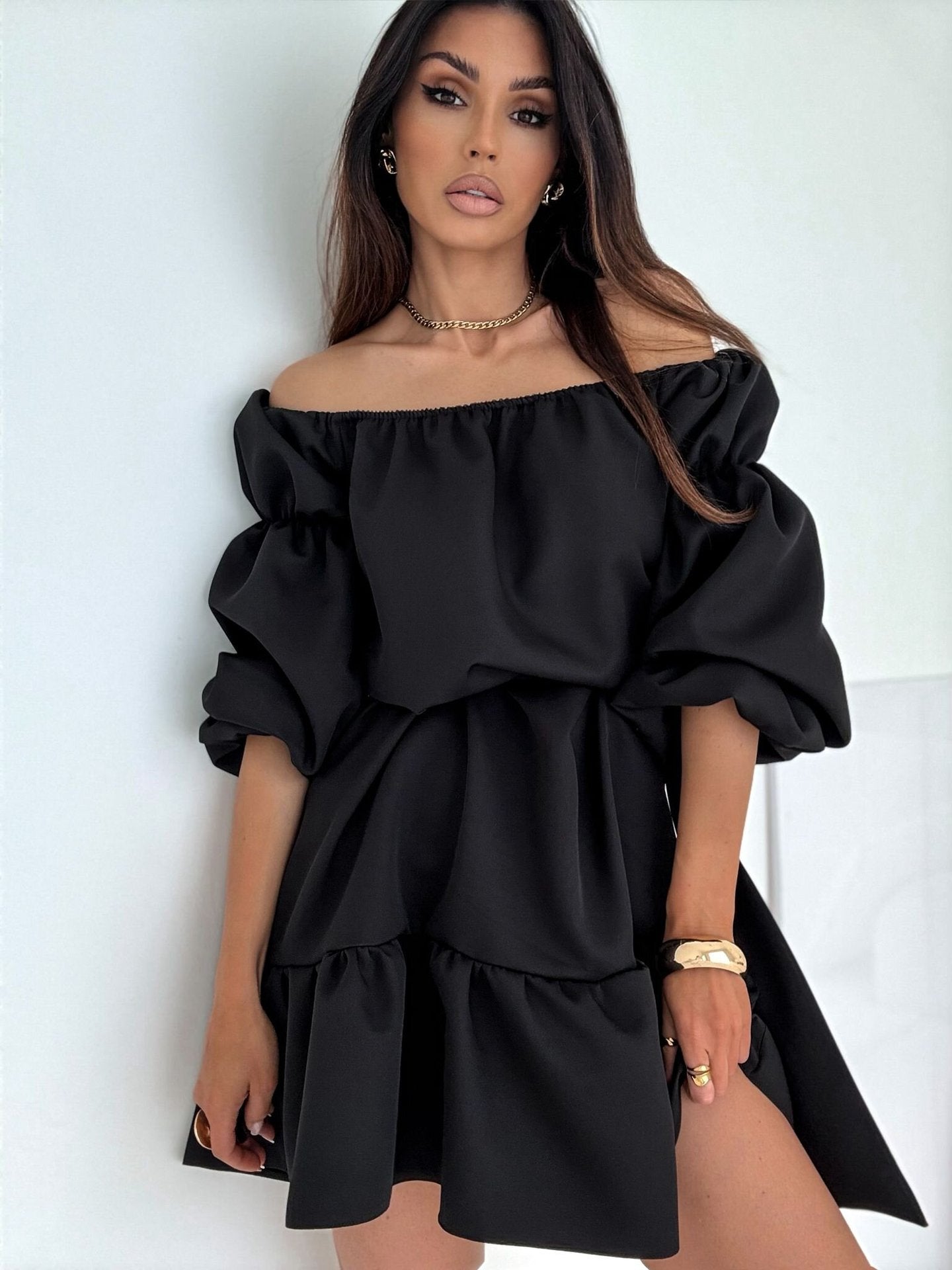 A-Line Mini Dress with Off-Shoulder and Puff Sleeves