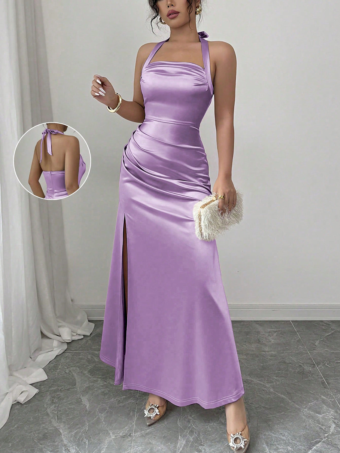 Ruched Satin Maxi Dress with Halterneck and Side Slit