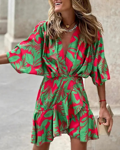 Printed Wrap Mini Dress with V-Neck and Bat Sleeves