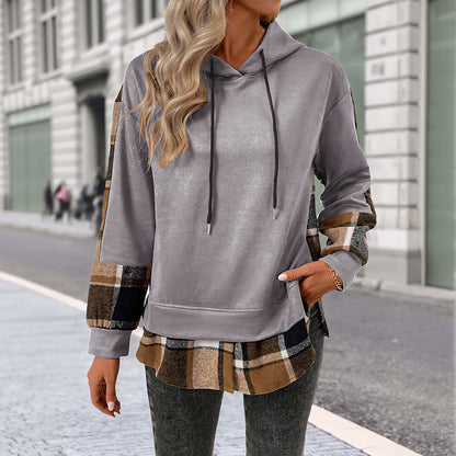 Plaid Patchwork Pullover Hoodie with Faux Layered Hem