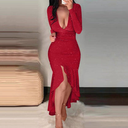 Bodycon Dress with V-Neck and Sequined High-Low Hem