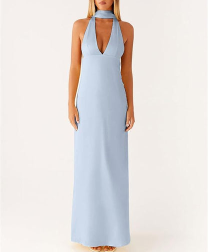 Halter Sheath Maxi Dress with Choker Collar and V-Neck