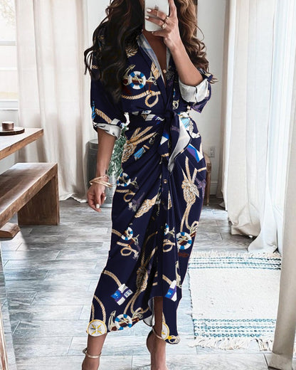 Striped Long Sleeve Midi Dress with V-Neck and Tie-Waist