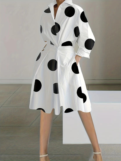 Printed A-Line Midi Dress with V-Neck and Long Sleeves