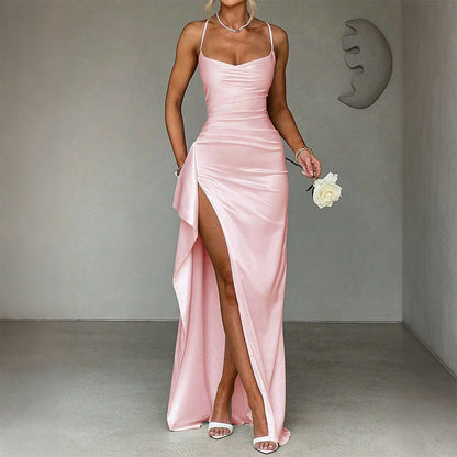 Bodycon Satin Maxi Dress with Cowl Neck and High Slit