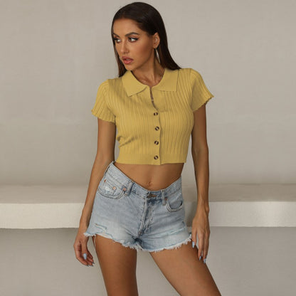 Short-Sleeve Ribbed Knit Polo Top with Button Front