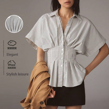 Striped Peplum Button-Down Shirt with Dolman Sleeves