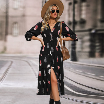 Feather Print A-Line Midi Dress with V-Neck and Ruffled Hem