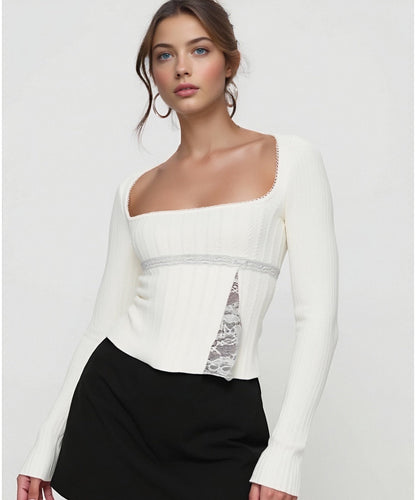 Slim Fit Long Sleeve Top with Square Neck and Lace Splicing