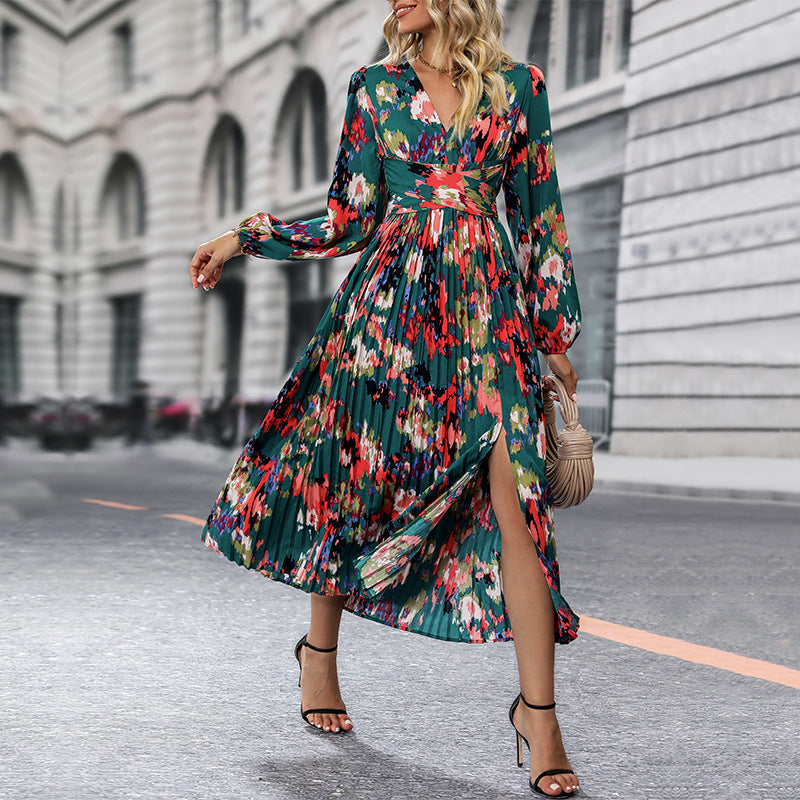 Floral Print Wrap Midi Dress with Pleated Skirt