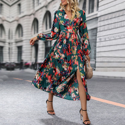 Floral Print Wrap Midi Dress with Pleated Skirt