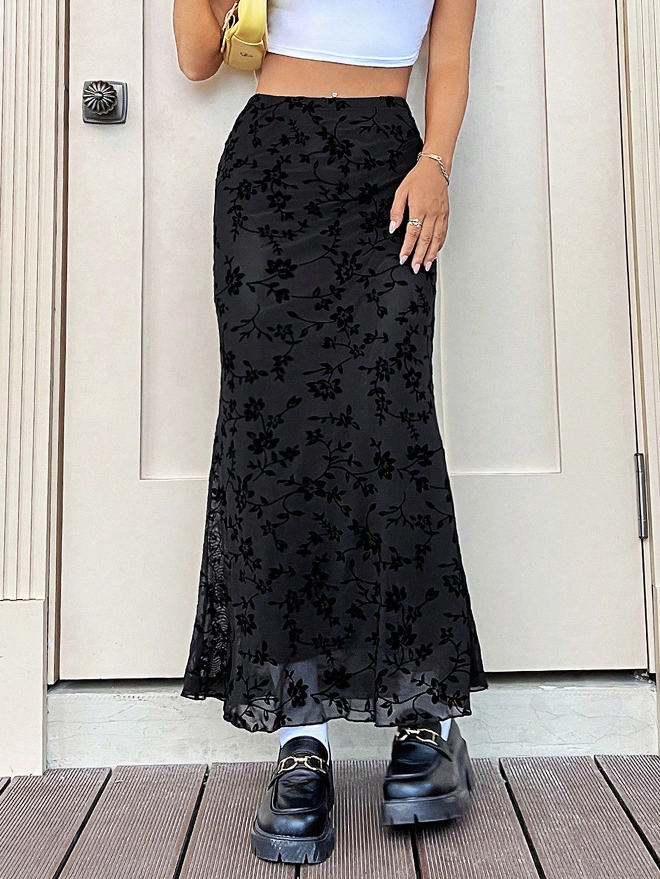 Floral Print Mesh Fishtail Maxi Skirt with Sheer Overlay