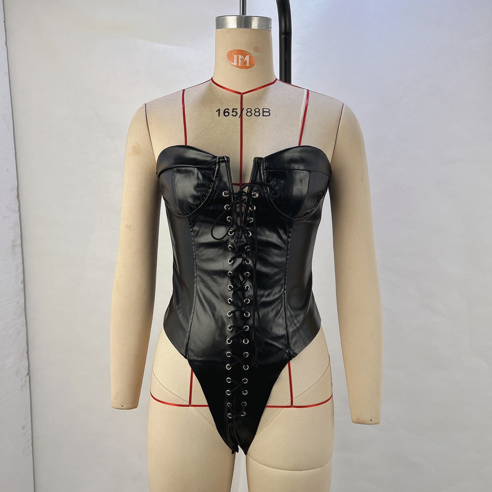 Lace-Up PU Bodysuit with Strapless Neckline and Long Gloves