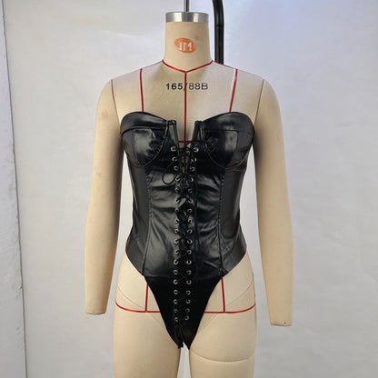 Lace-Up PU Bodysuit with Strapless Neckline and Long Gloves