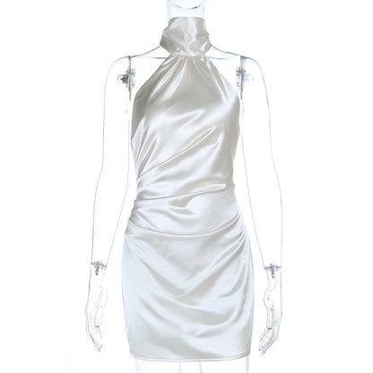 Satin Bodycon Mini Dress with Halter Neck and Ruched Detail