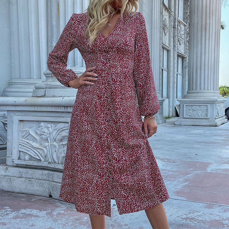 Leopard Print Midi Dress with V-Neck and Button Front