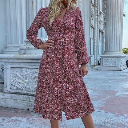 Leopard Print Midi Dress with V-Neck and Button Front
