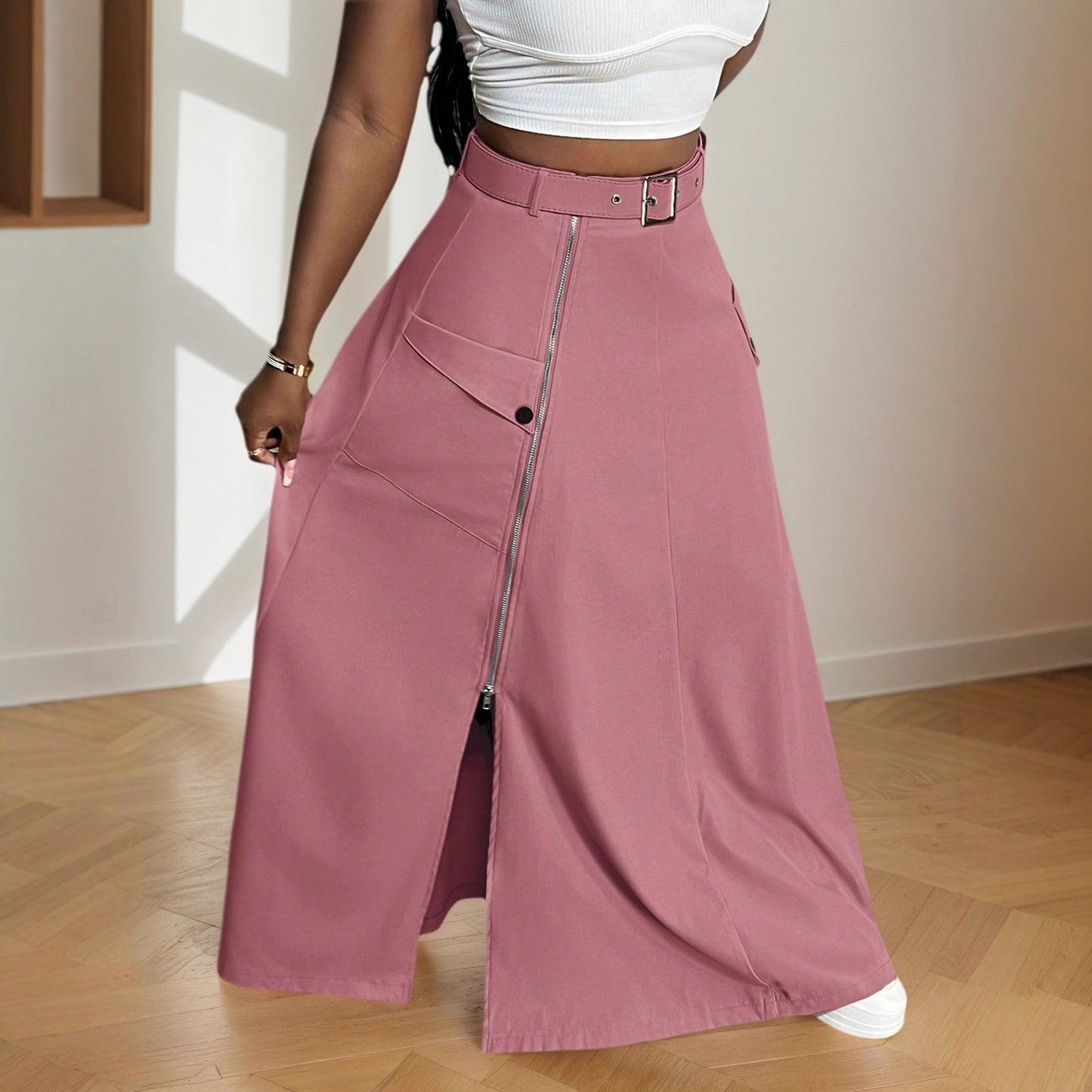 Solid A-Line Maxi Skirt with Belt and Zipper Slit