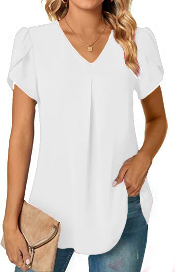 Solid V-Neck Blouse with Petal Sleeves and Pleated Front
