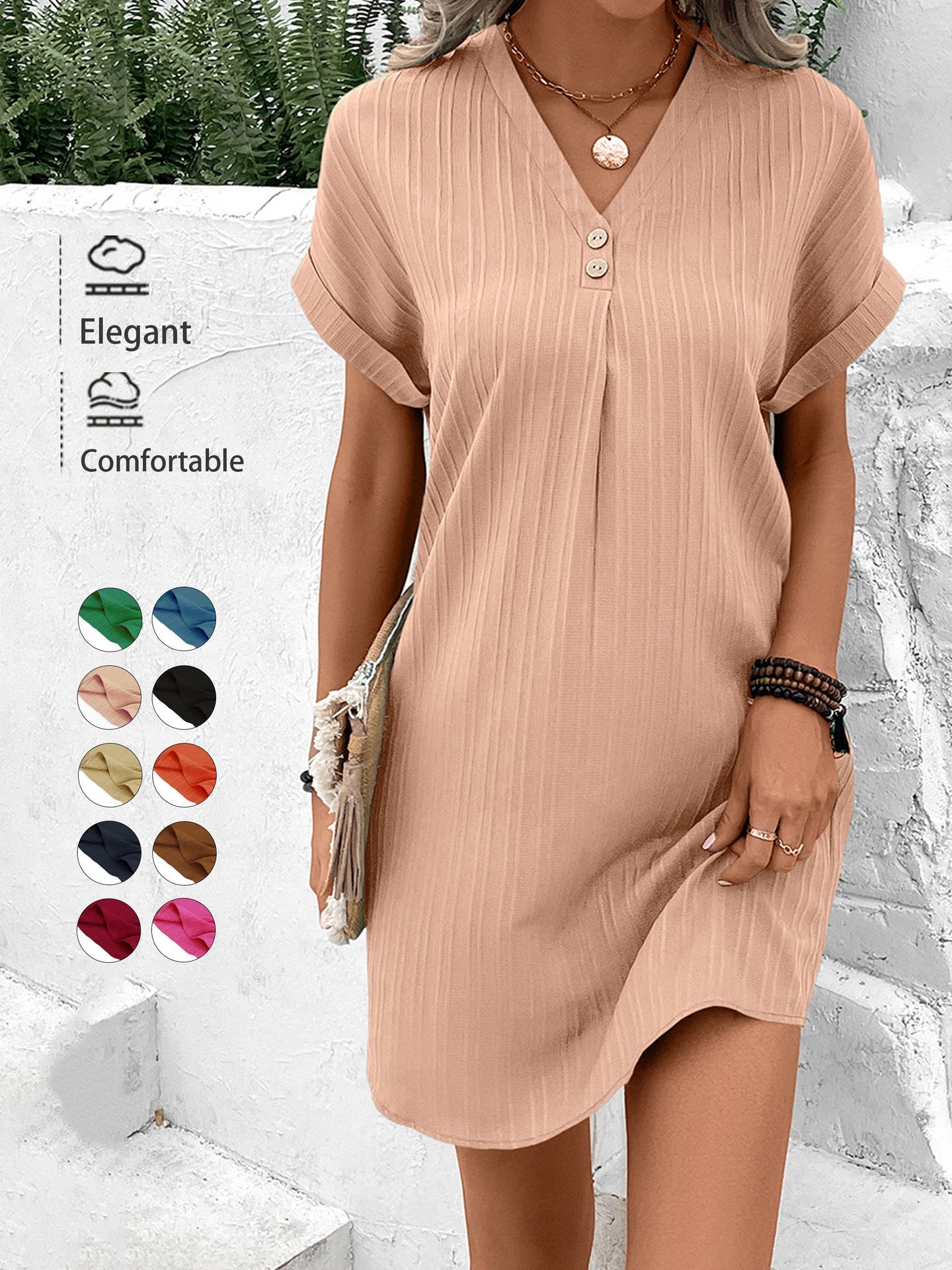 Ribbed A-Line Mini Dress with V-Neck and Button Detail