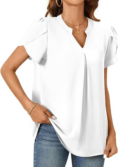 Solid V-Neck Blouse with Petal Sleeves and Pleated Front