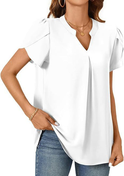 Solid V-Neck Blouse with Petal Sleeves and Pleated Front
