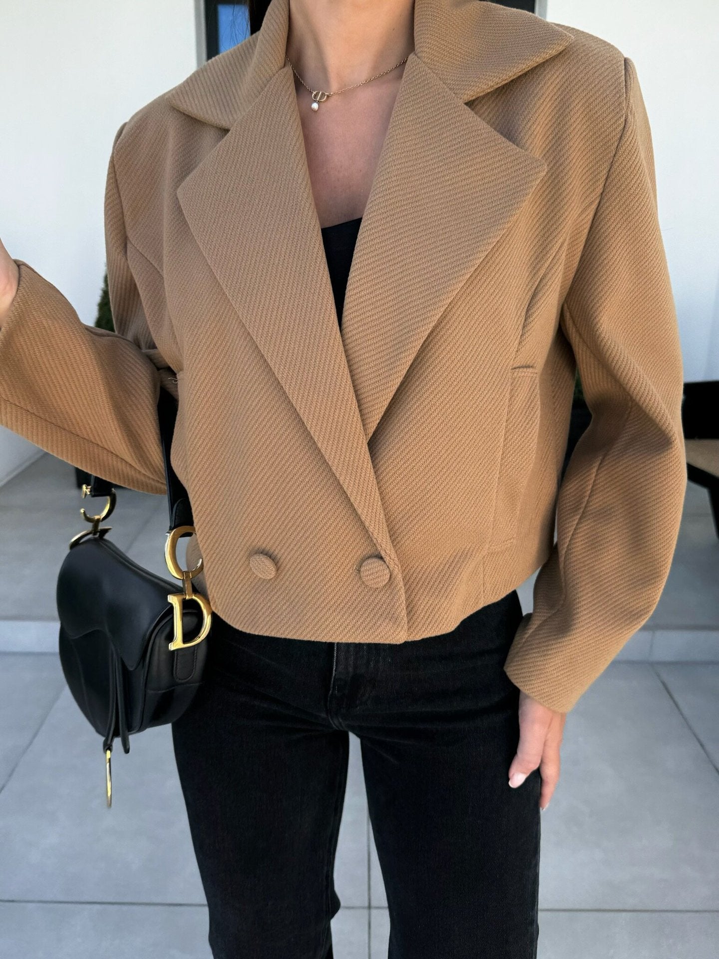 Solid Cropped Blazer with Suit Collar and Double-Breasted Front
