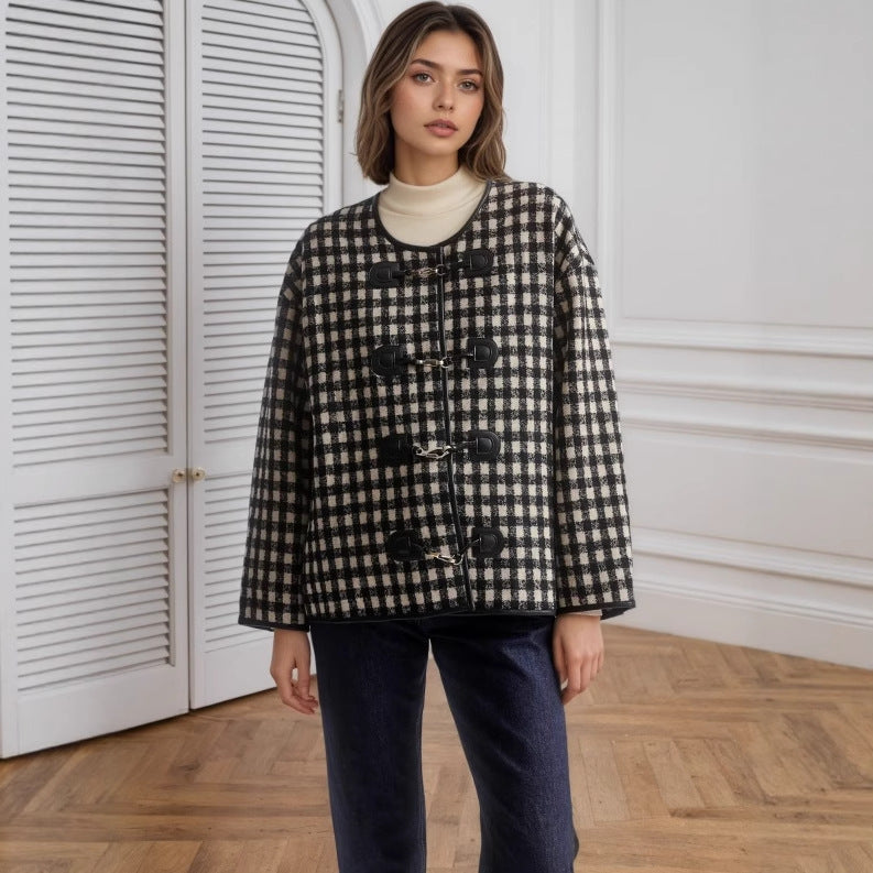 Gingham Check Jacket with Metal Buckle Front and Round Neck