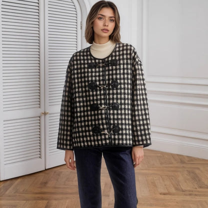 Gingham Check Jacket with Metal Buckle Front and Round Neck
