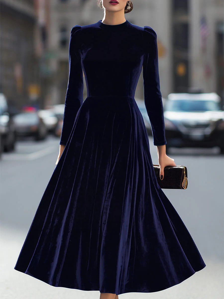 Velvet Swing Midi Dress with Round Neck and Puff Shoulders