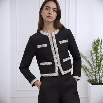 Cropped Tweed Jacket with Round Neck and Color-Block Trim