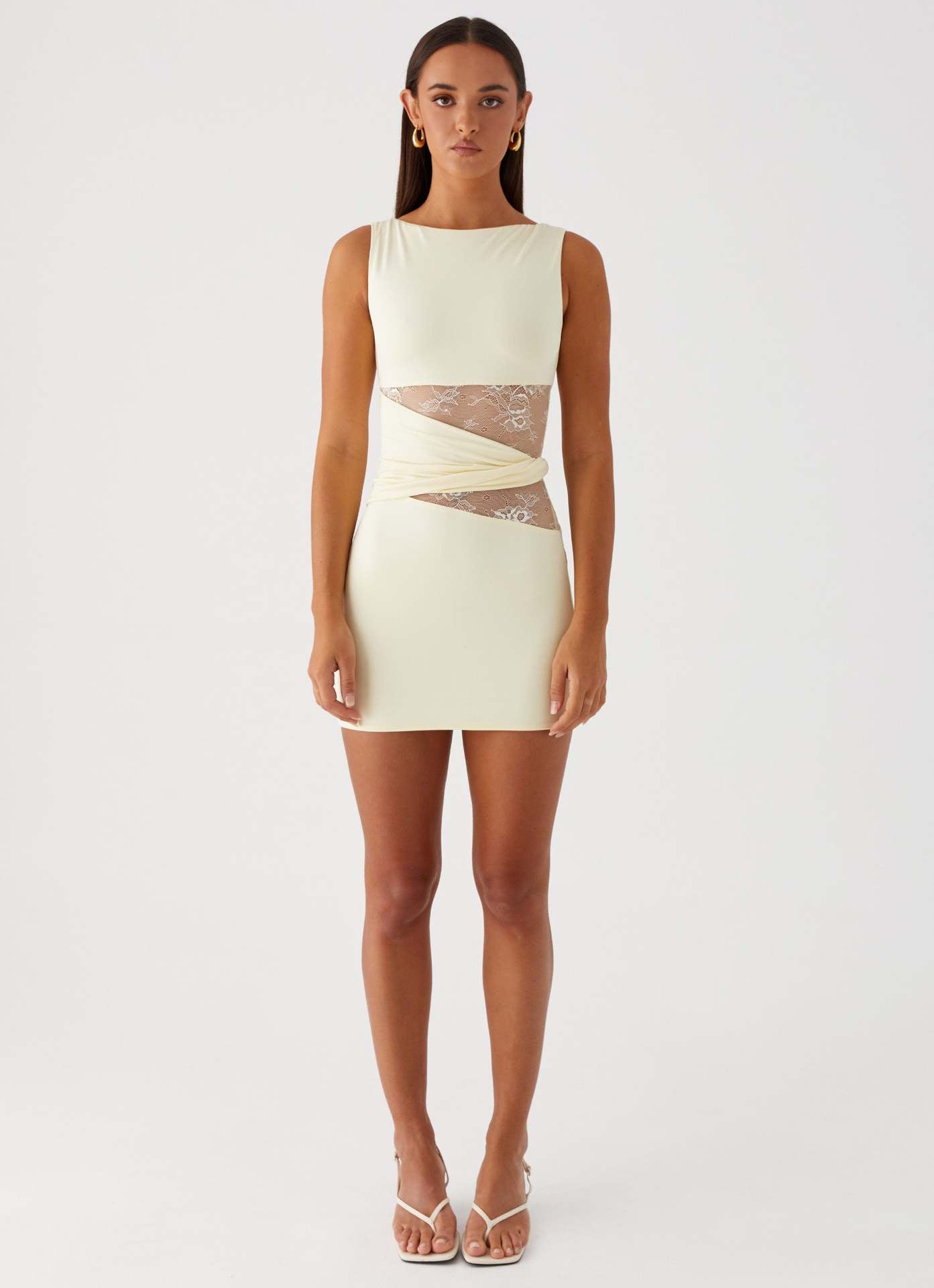 Bodycon Mini Dress with Round Neck and Lace Waist Splicing