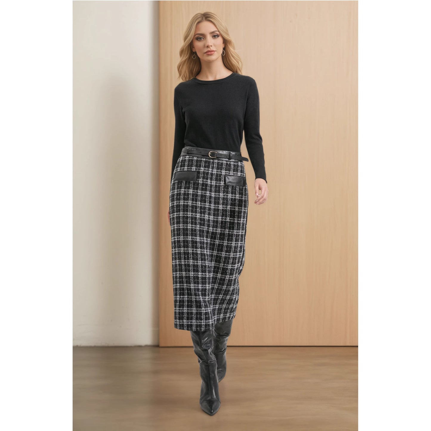 Plaid Midi Skirt with High-Waist and PU Leather Trim