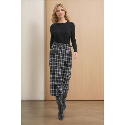 Plaid Midi Skirt with High-Waist and PU Leather Trim