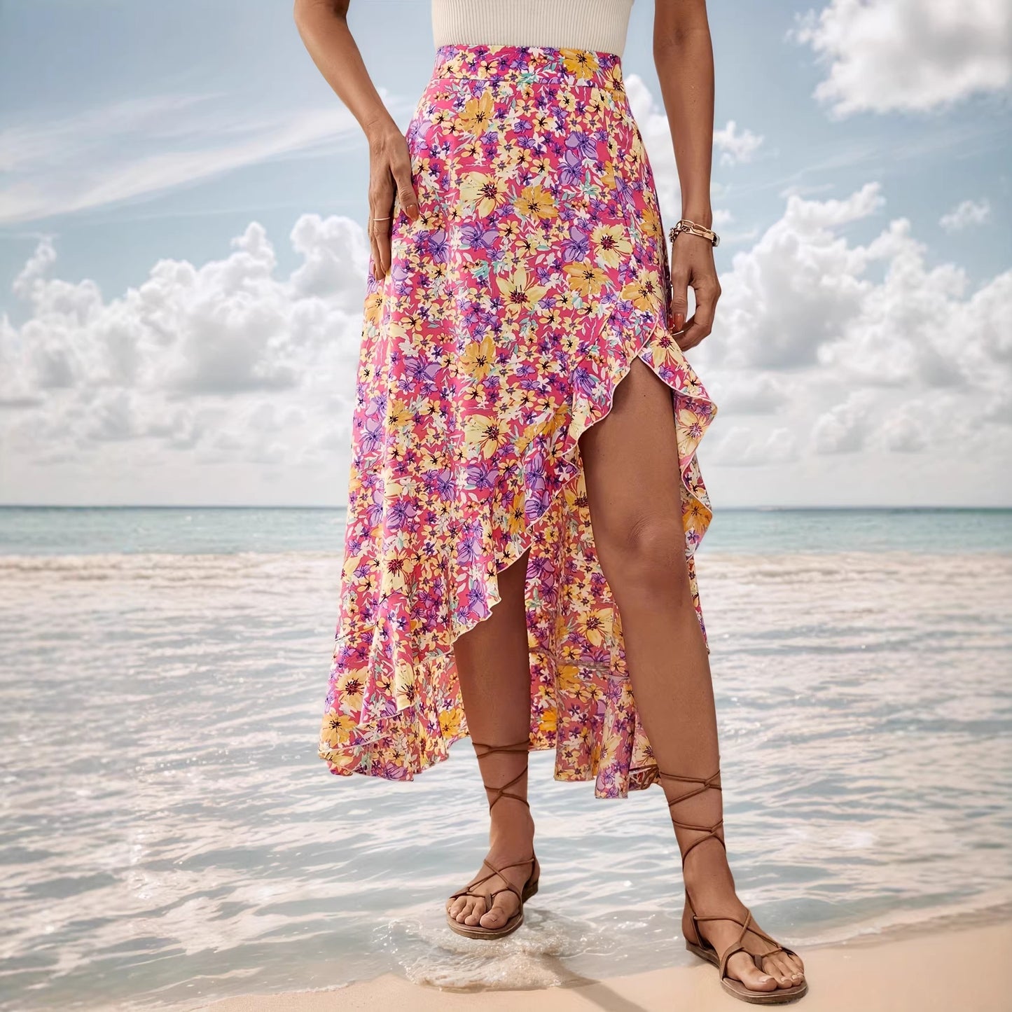 Floral Wrap Midi Skirt with Ruffled High-Low Hem