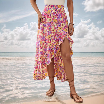 Floral Wrap Midi Skirt with Ruffled High-Low Hem