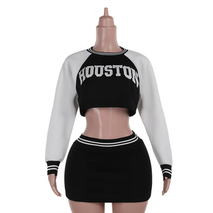 Letter Print Skirt Set with Cropped Baseball Sweater