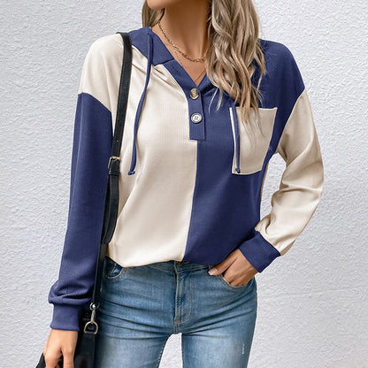 Color-Block Hooded Pullover with Henley Neck and Patch Pocket
