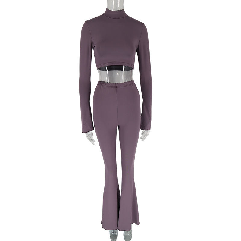 Solid Bodycon Two-Piece Set with Bell Sleeves and Flared Pants