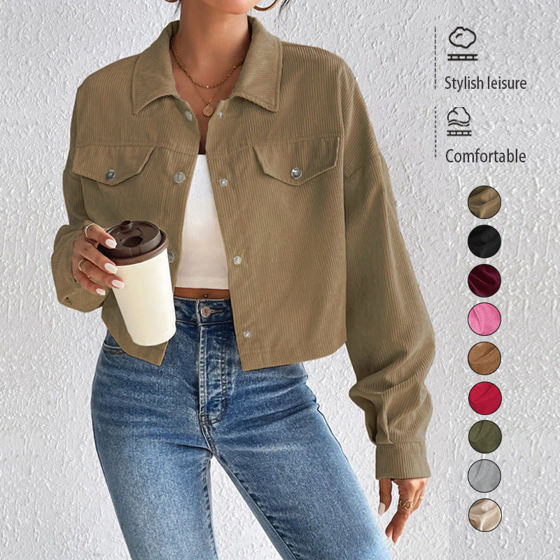 Cropped Corduroy Jacket with Button Front and Chest Pockets