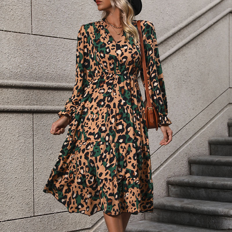 Leopard Print Midi Dress with V-Neck and Tiered Skirt