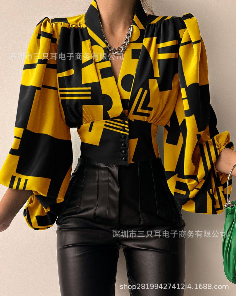 Solid Blouse with V-Neck, Lantern Sleeves, and Button-Front Waist
