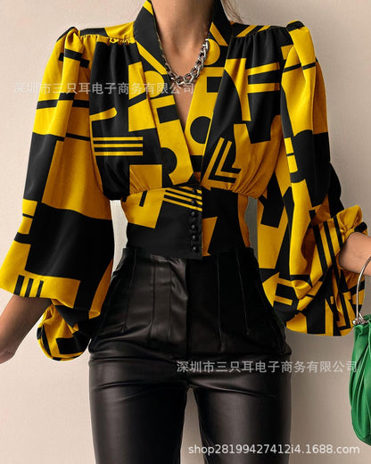 Solid Blouse with V-Neck, Lantern Sleeves, and Button-Front Waist