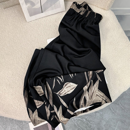 High-Waist Wide-Leg Trousers with Graphic Leaf Print