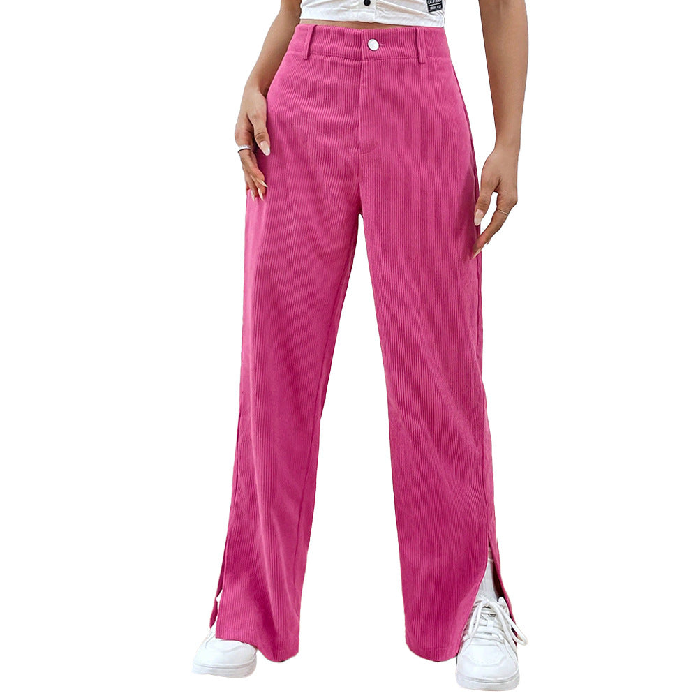 High-Waist Straight-Leg Corduroy Pants with Side Slits